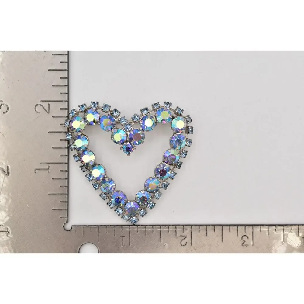 Vintage Crystal Heart Pin Brooch Blue Aurora Borealis Prong Rhinestone 60s BinBI